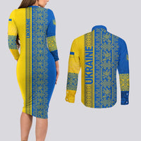 Ukrainian Flag Colors Couples Matching Long Sleeve Bodycon Dress and Long Sleeve Button Shirt with Trident Crest and Traditional Folk Pattern