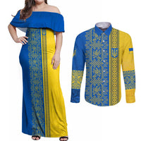 Ukrainian Flag Colors Couples Matching Off Shoulder Maxi Dress and Long Sleeve Button Shirt with Trident Crest and Traditional Folk Pattern