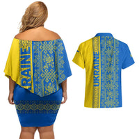 Ukrainian Flag Colors Couples Matching Off Shoulder Short Dress and Hawaiian Shirt with Trident Crest and Traditional Folk Pattern