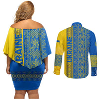 Ukrainian Flag Colors Couples Matching Off Shoulder Short Dress and Long Sleeve Button Shirt with Trident Crest and Traditional Folk Pattern