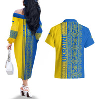Ukrainian Flag Colors Couples Matching Off The Shoulder Long Sleeve Dress and Hawaiian Shirt with Trident Crest and Traditional Folk Pattern