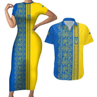 Ukrainian Flag Colors Couples Matching Short Sleeve Bodycon Dress and Hawaiian Shirt with Trident Crest and Traditional Folk Pattern