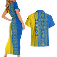 Ukrainian Flag Colors Couples Matching Short Sleeve Bodycon Dress and Hawaiian Shirt with Trident Crest and Traditional Folk Pattern