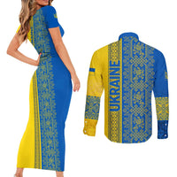 Ukrainian Flag Colors Couples Matching Short Sleeve Bodycon Dress and Long Sleeve Button Shirt with Trident Crest and Traditional Folk Pattern
