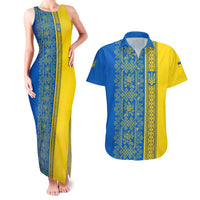 Ukrainian Flag Colors Couples Matching Tank Maxi Dress and Hawaiian Shirt with Trident Crest and Traditional Folk Pattern