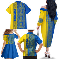 Ukrainian Flag Colors Family Matching Off The Shoulder Long Sleeve Dress and Hawaiian Shirt with Trident Crest and Traditional Folk Pattern