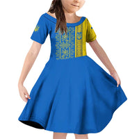 Ukrainian Flag Colors Family Matching Off Shoulder Short Dress and Hawaiian Shirt with Trident Crest and Traditional Folk Pattern