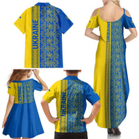 Ukrainian Flag Colors Family Matching Summer Maxi Dress and Hawaiian Shirt with Trident Crest and Traditional Folk Pattern