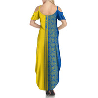 Ukrainian Flag Colors Family Matching Summer Maxi Dress and Hawaiian Shirt with Trident Crest and Traditional Folk Pattern
