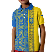 Ukrainian Flag Colors Kid Polo Shirt with Trident Crest and Traditional Folk Pattern