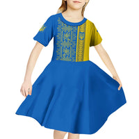 Ukrainian Flag Colors Kid Short Sleeve Dress with Trident Crest and Traditional Folk Pattern