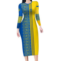 Ukrainian Flag Colors Long Sleeve Bodycon Dress with Trident Crest and Traditional Folk Pattern