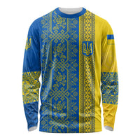 Ukrainian Flag Colors Long Sleeve Shirt with Trident Crest and Traditional Folk Pattern