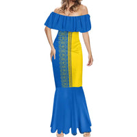 Ukrainian Flag Colors Mermaid Dress with Trident Crest and Traditional Folk Pattern
