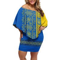 Ukrainian Flag Colors Off Shoulder Short Dress with Trident Crest and Traditional Folk Pattern