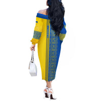 Ukrainian Flag Colors Off The Shoulder Long Sleeve Dress with Trident Crest and Traditional Folk Pattern