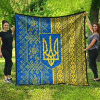 Ukrainian Flag Colors Quilt with Trident Crest and Traditional Folk Pattern
