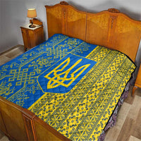 Ukrainian Flag Colors Quilt with Trident Crest and Traditional Folk Pattern