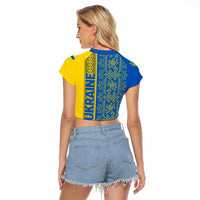 Ukrainian Flag Colors Raglan Cropped T Shirt with Trident Crest and Traditional Folk Pattern