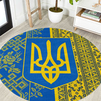 Ukrainian Flag Colors Round Carpet with Trident Crest and Traditional Folk Pattern