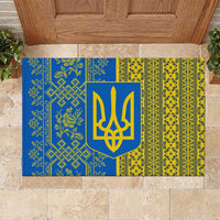 Ukrainian Flag Colors Rubber Doormat with Trident Crest and Traditional Folk Pattern