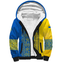 Ukrainian Flag Colors Sherpa Hoodie with Trident Crest and Traditional Folk Pattern