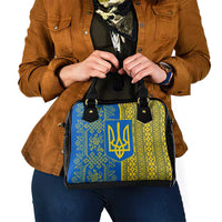 Ukrainian Flag Colors Shoulder Handbag with Trident Crest and Traditional Folk Pattern