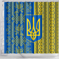 Ukrainian Flag Colors Shower Curtain with Trident Crest and Traditional Folk Pattern