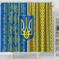 Ukrainian Flag Colors Shower Curtain with Trident Crest and Traditional Folk Pattern