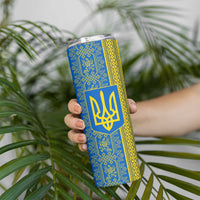 Ukrainian Flag Colors Skinny Tumbler with Trident Crest and Traditional Folk Pattern
