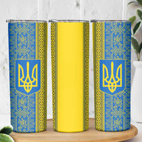 Ukrainian Flag Colors Skinny Tumbler with Trident Crest and Traditional Folk Pattern