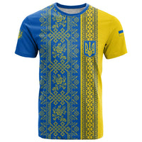 Ukrainian Flag Colors T Shirt with Trident Crest and Traditional Folk Pattern