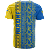 Ukrainian Flag Colors T Shirt with Trident Crest and Traditional Folk Pattern