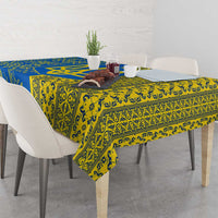 Ukrainian Flag Colors Tablecloth with Trident Crest and Traditional Folk Pattern