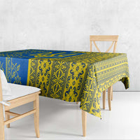 Ukrainian Flag Colors Tablecloth with Trident Crest and Traditional Folk Pattern