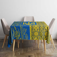 Ukrainian Flag Colors Tablecloth with Trident Crest and Traditional Folk Pattern