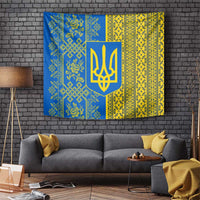 Ukrainian Flag Colors Tapestry with Trident Crest and Traditional Folk Pattern