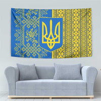 Ukrainian Flag Colors Tapestry with Trident Crest and Traditional Folk Pattern