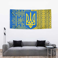 Ukrainian Flag Colors Tapestry with Trident Crest and Traditional Folk Pattern