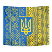 Ukrainian Flag Colors Tapestry with Trident Crest and Traditional Folk Pattern