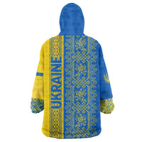 Ukrainian Flag Colors Wearable Blanket Hoodie with Trident Crest and Traditional Folk Pattern
