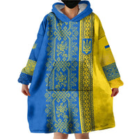 Ukrainian Flag Colors Wearable Blanket Hoodie with Trident Crest and Traditional Folk Pattern
