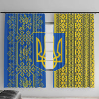 Ukrainian Flag Colors Window Curtain with Trident Crest and Traditional Folk Pattern