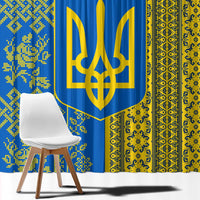 Ukrainian Flag Colors Window Curtain with Trident Crest and Traditional Folk Pattern
