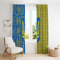 Ukrainian Flag Colors Window Curtain with Trident Crest and Traditional Folk Pattern