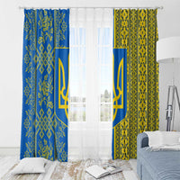 Ukrainian Flag Colors Window Curtain with Trident Crest and Traditional Folk Pattern