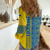 Ukrainian Flag Colors Women Casual Shirt with Trident Crest and Traditional Folk Pattern