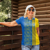 Ukrainian Flag Colors Women Polo Shirt with Trident Crest and Traditional Folk Pattern