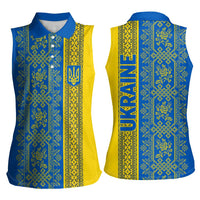 Ukrainian Flag Colors Women Sleeveless Polo Shirt with Trident Crest and Traditional Folk Pattern