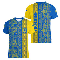 Ukrainian Flag Colors Women V-Neck T-Shirt with Trident Crest and Traditional Folk Pattern